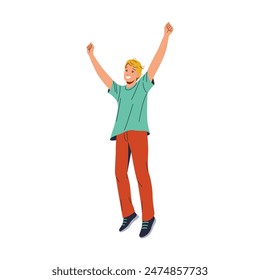 Excited blond man in green shirt and red pants jumping in the air with arms raised and big smile. He exudes energy and joy, excitement and happiness. Isolated on white background