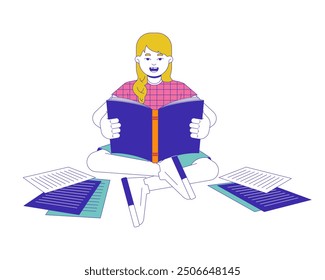 Excited blonde girl reading book 2D cartoon character. Schoolgirl doing homework. Notebook holding. Little female bookworm isolated person flat vector on white background. Spot illustration colorful