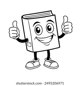 Excited book mascot showing double thumbs up, ideal for school promotions, educational content, and web icons. Monochrome design with expressive facial features