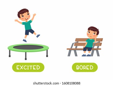 Excited and bored antonyms word card vector template. Flashcard for english language learning with flat character. Opposites concept. Boy jumping and sitting on bench illustration with typography