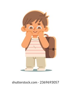 Excited boy with a backpack excited about the first day of school on isolated background. Cartoon school boy Vector illustration