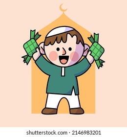 Aufgeregt Junge feiert Eid Fitr Ramadan Mubarak Doodle Illustration Asset