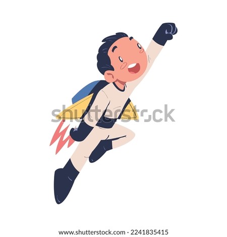 Excited Boy Character with Jetpack Flying Propelling Through the Air Vector Illustration