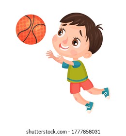 Excited Boy Character in Sportswear Playing Basketball Vector Illustration
