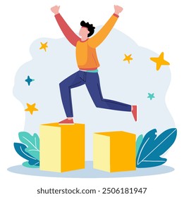 Excited Boy Cheering on Success Stairs with Joyful Expression | Flat Vector Illustration