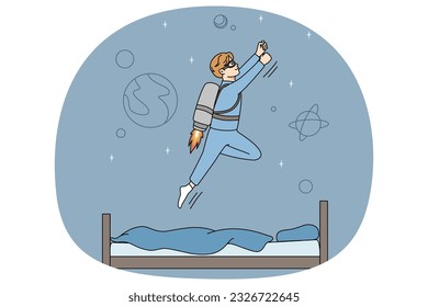 Excited boy child fly from bed in sleep dreaming of becoming astronaut. Small kid flying to universe in dream. Children fantasy concept. Vector illustration.