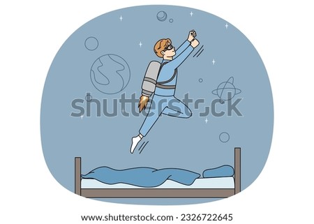 Excited boy child fly from bed in sleep dreaming of becoming astronaut. Small kid flying to universe in dream. Children fantasy concept. Vector illustration.
