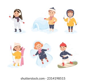 Excited Boy and Girl Enjoying Winter Outdoor Activity Vector Set