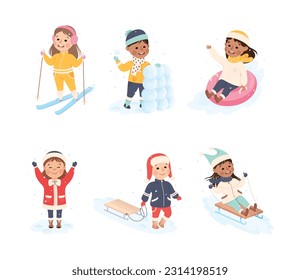 Excited Boy and Girl Enjoying Winter Outdoor Activity Vector Set