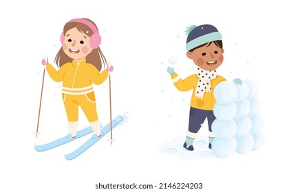 Excited Boy and Girl in Hat and Earmuffs Skiing and Building Igloo Vector Set