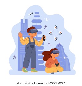 Excited boy and girl  wearing virtual reality headsets playing inside of virtual world flat vector illustration.