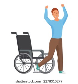 Excited boy got up from wheelchair. Happy recovery man with disability vector cartoon illustration