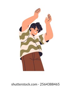 Excited boy has fun, hands ups and clapping. Happy young man rejoices, applauding, celebrates success. Person exults, greeting, shows support with applause. Flat isolated vector illustration on white