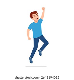 Excited Boy Jumping with Arm Raised Expressing Joy and Celebration in Casual Clothes Cartoon