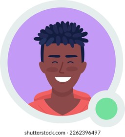 Excited boy with kinky hair flat vector avatar icon with green dot. Editable default persona for UX, UI design. Profile character picture with online status indicator. Color messaging app user badge