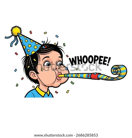 Excited Boy in a Party Hat Blowing a Noise Blower with Confetti and 'Whoopee!' Text. Birthday, Celebration, and New Year's Eve Fun.