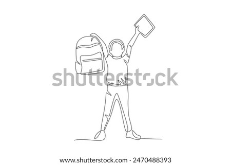 An excited boy returns to school. Back to school concept one-line drawing