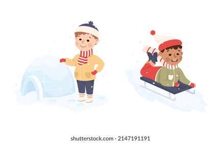 Excited Boy Sleighing Downhill and Building Igloo Vector Set