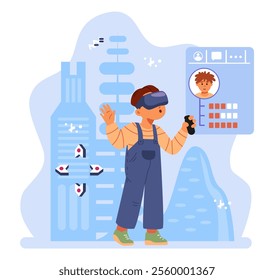 Excited boy standing wearing virtual reality headset holding controller inside of virtual world flat vector illustration.