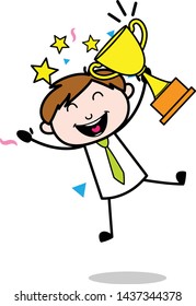 Excited Boy with Trophy - Office Salesman Employee Cartoon Vector Illustration