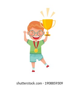 Excited Boy Winner Standing with Gold Cup and Medal Hanging on His Neck Vector Illustration