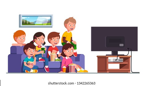 Excited Boys & Girls Kids Group Sitting On Sofa Watching Movie Show Together On Big TV Screen. Children Home Party Eating Popcorn, Drinking. Entertainment Leisure. Flat Vector Character Illustration