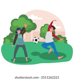 Excited boys playing with a soccer ball in the park. children's game. vector illustration.