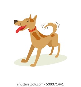 Excited Brown Pet Dog Wants To Play, Animal Emotion Cartoon Illustration