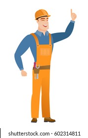 Excited builder pointing with his finger. Full length of caucasian builder pointing his finger up. Young builder with finger pointing up. Vector flat design illustration isolated on white background.