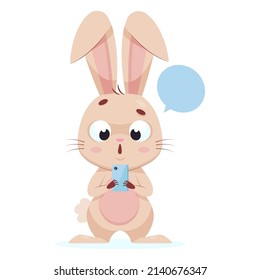 Excited bunny looking at phone screen. Surprised rabbit standing, receiving message from friends or reading breaking news cartoon vector illustration. Wildlife animal, emotion concept