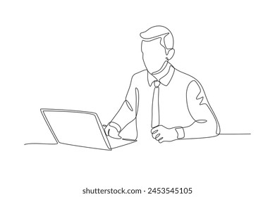 Excited business man in front of laptop. Business person with laptop concept one-line drawing