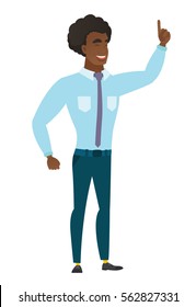 Excited business man pointing with his finger. Full length of business man pointing his finger up. Business man with finger pointing up. Vector flat design illustration isolated on white background.