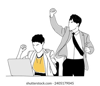 Excited business man and woman celebrating success