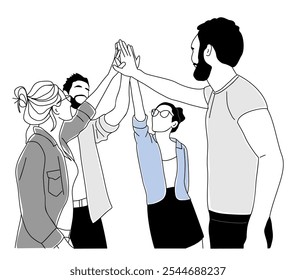 Hombres y mujeres de negocios emocionados dando cinco altos celebrando el éxito. Concepto de equipo de negocios. Dibujo de contorno simple de Vector moderno para gráfico, Diseño web. Aislado sobre fondo blanco.