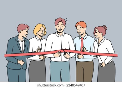 Excited business team cut ribbon open office or enterprise together. Smiling businesspeople at new workplace opening. Successful start. Vector illustration. 