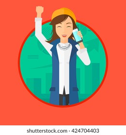 Excited business woman raising her arm while getting good news on mobile phone near the growth chart. Business success concept. Vector flat design illustration in the circle isolated on background.