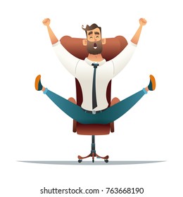 Excited businessman with arms raised while sitting