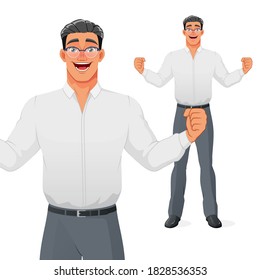 Excited businessman celebrating success with raised hands and wide smile. Vector cartoon character isolated on white background