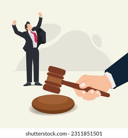 Excited businessman with hand hold judges gavel. Win case concept vector illustration