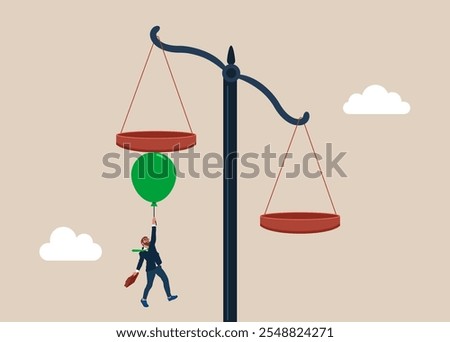 Excited businessman or lawyer floats with air balloon moving the balance in his favor. The product has increased in value. Principles and business ethic to do right things. Vector illustration. 