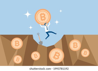 Excited businessman mining bitcoins, Vector illustration in flat style