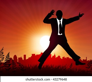 excited businessman on sunset background Original Vector Illustration Business People on Sunset Background