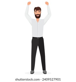 Excited businessman with raised hands. Successful business manager cartoon vector illustration