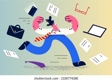 Excited businessman run surrounded with documents and papers overjoyed finish work on Friday. Happy man employee for worker feel joyful and optimistic. Flat vector illustration. 