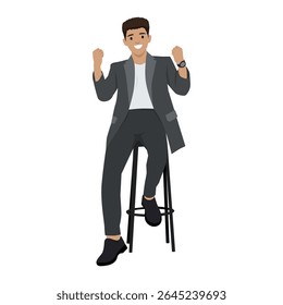 Excited Businessman Sitting on a Stool. Flat vector illustration isolated on white background
