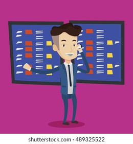 An excited businessman talking on mobile phone on the background of display of stock market quotes. Young happy stockbroker at stock exchange. Vector flat design illustration. Square layout.