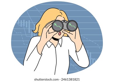 Excited businesswoman with binoculars search for investment opportunities. Employee with spyglass see rising graphs or charts. Business financial success. Vector illustration.