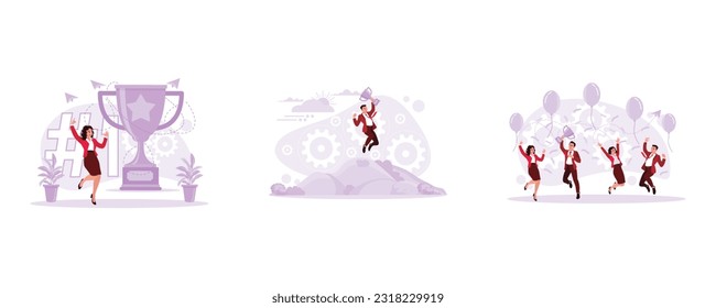 Excited businesswoman celebrating victory. Male businessman excited and jumping holding trophy. Young employees are enthusiastic and jumping, celebrating success. Trend Modern vector flat illustration