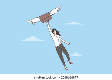 Excited businesswoman fly with her briefcase on wings of success. Smiling woman employee celebrate business goal achievement or success. Career promotion, recruitment. Flat vector illustration. 