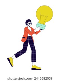 Excited businesswoman holding lightbulb 2D linear cartoon character. Showing idea korean young woman isolated line vector person white background. Creativity marketing color flat spot illustration